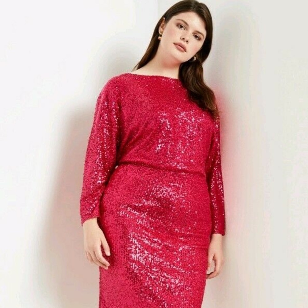 COPY - ELOQUII DOLMAN SLEEVE HOT PINK SEQUIN DRESS